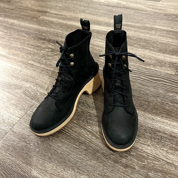 NEVER WORN Sorel Hi-Line Heel Lace Boots Black 7.5 Lug Sole Platform Chunky Heel - Picture 15 of 16